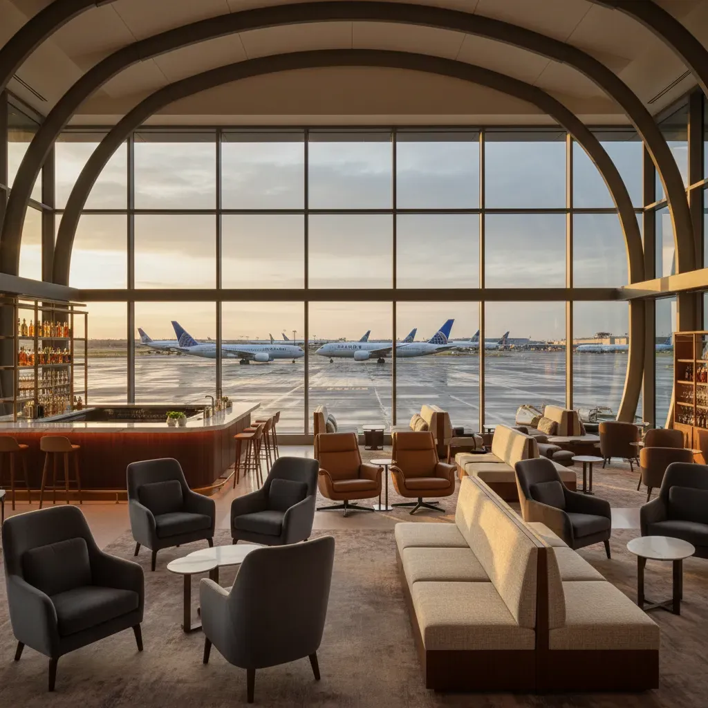 Airport lounge scene showing how united polaris business class fare includes premium ground experience