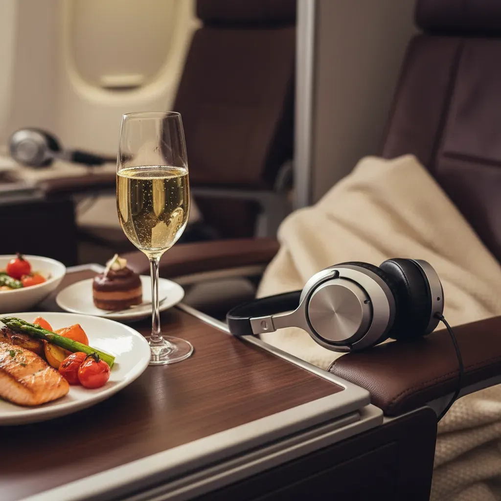 Premium cabin experience on a business class flight to Sydney with lie-flat seats