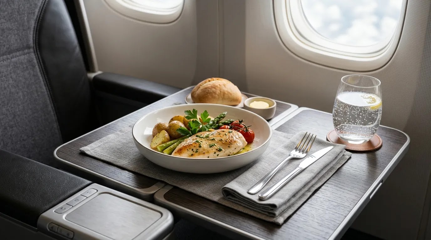 Delta First Class food benefit shown through complimentary premium meal service on a qualifying flight