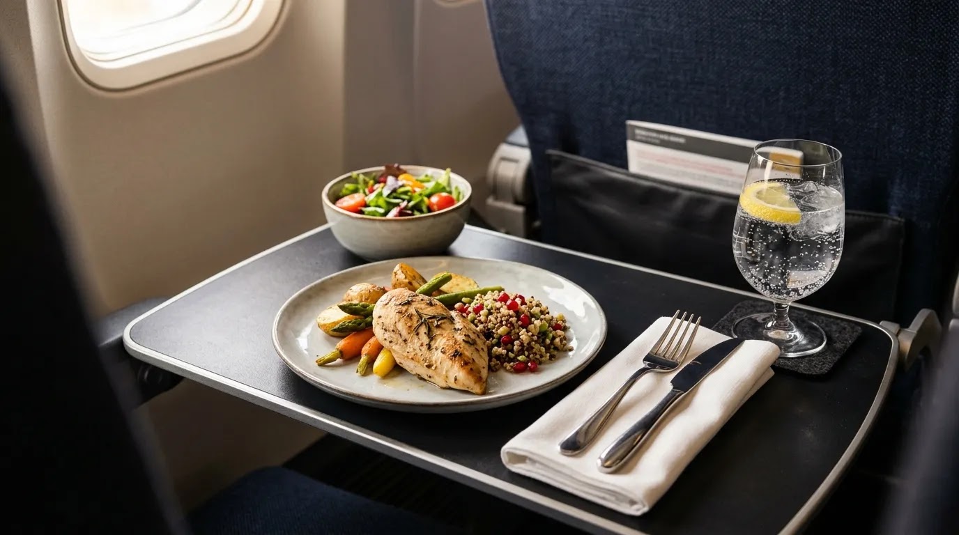 Alaska Airlines first class meals presented on a premium domestic flight tray table