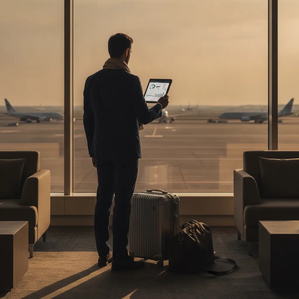 Premium economy flights booking moment in airport lounge before long haul departure