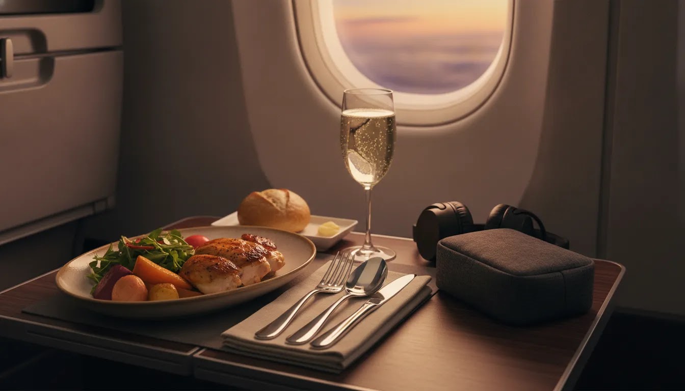 Delta premium economy style meal service and amenity setup on a long haul flight