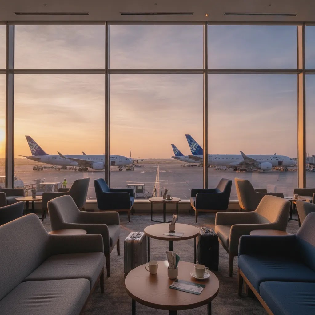 Premium economy flights to Europe lounge scene with upscale airport seating and runway views before departure
