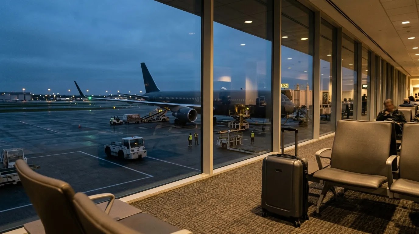 Premium economy United international travel value shown through an evening long-haul airport departure scene