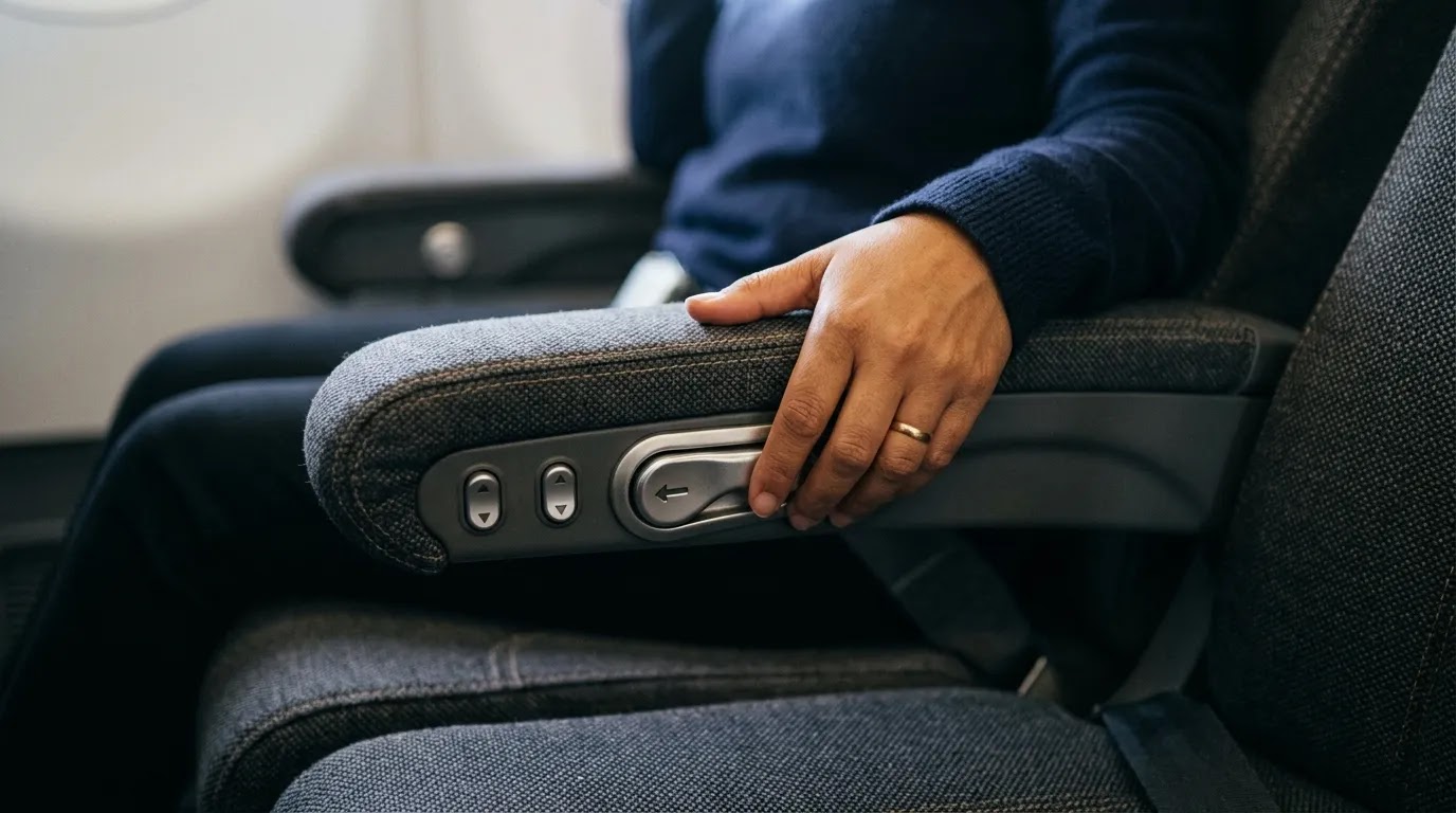 Premium economy United recline and armrest comfort detail for international travel