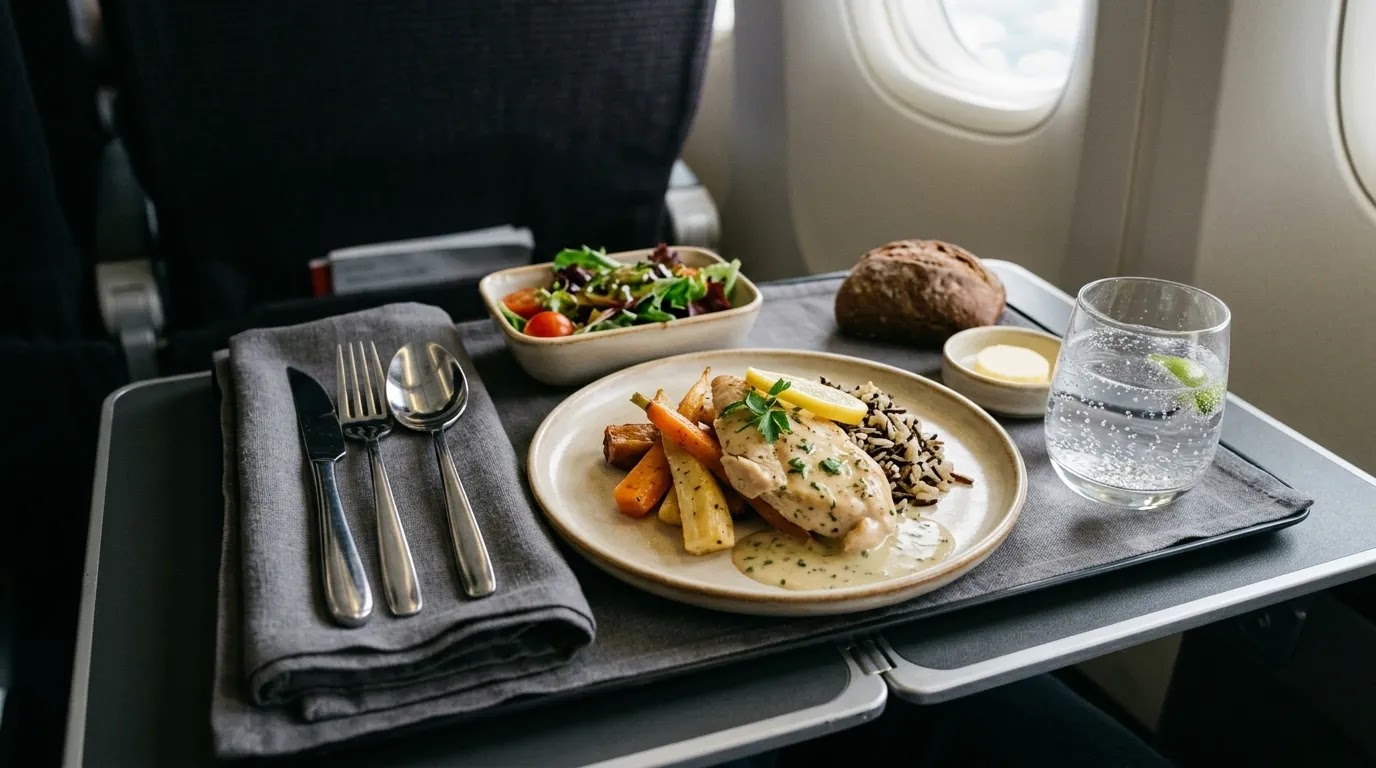 Premium economy United inflight meal service presented on a tray table