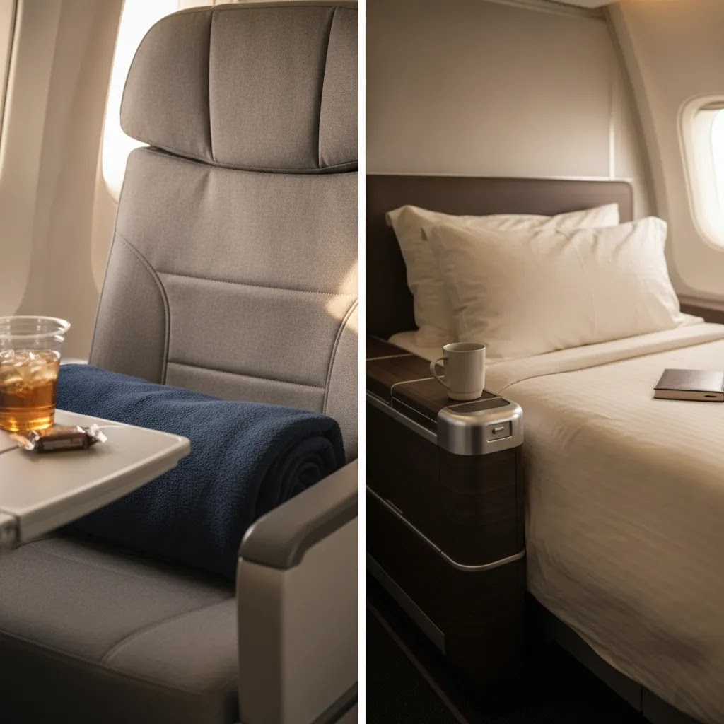 KLM premium comfort review comparison image showing premium economy versus business class comfort details