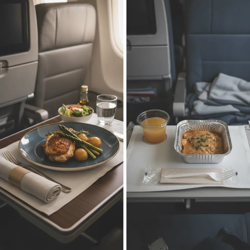 Premium economy flights compared with economy through onboard meal and seat space details