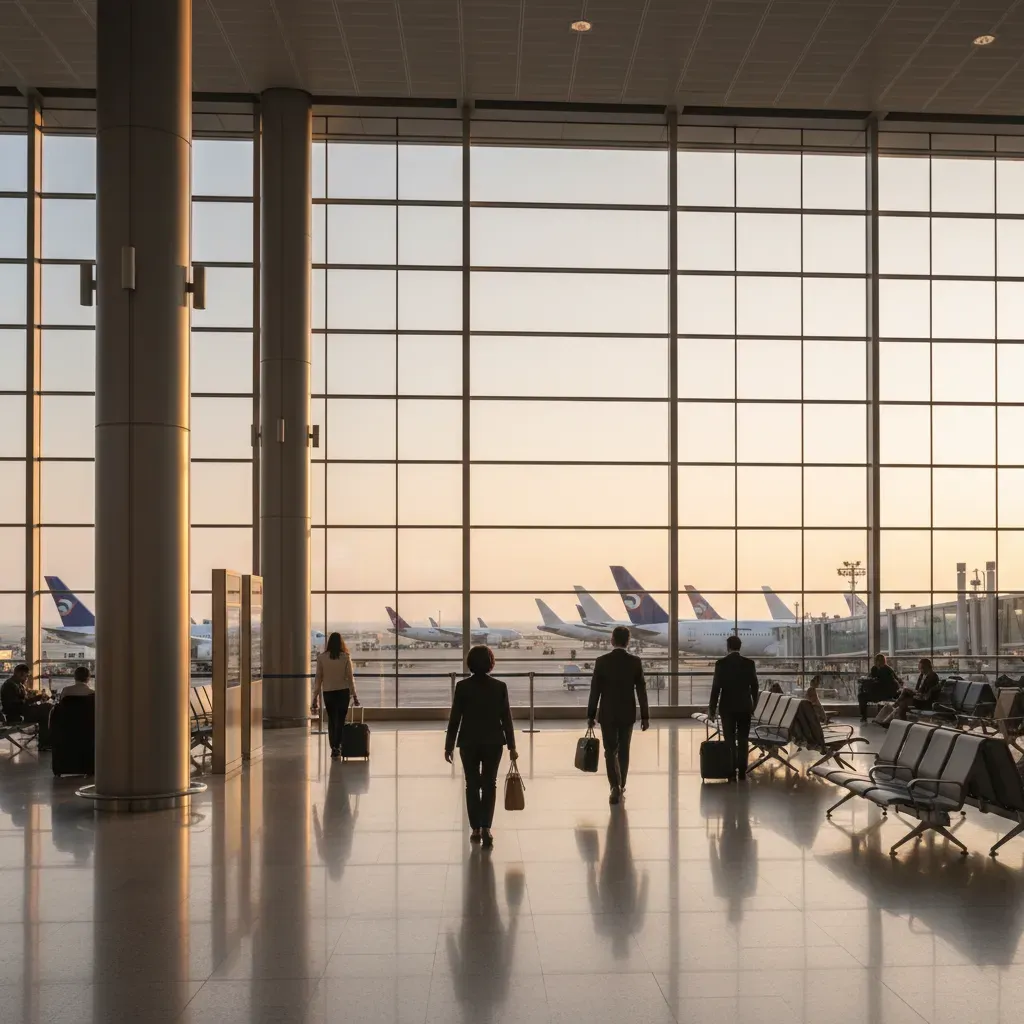 Premium one-stop airport connection scene for first class to Bangkok through major international hubs
