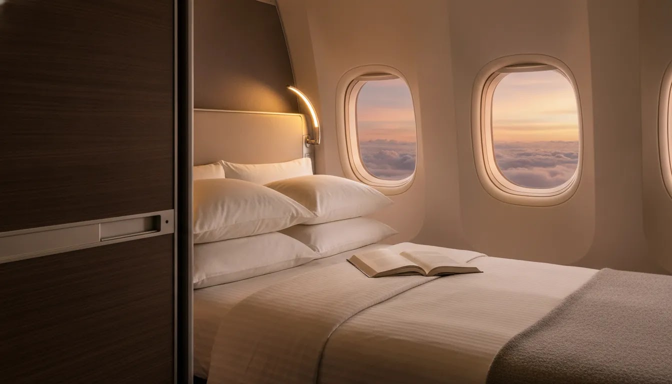 Private first class airplane seats with lie-flat bedding and enclosed suite detail