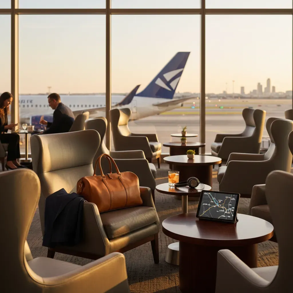 First class flight to Los Angeles lounge experience at a major U.S. departure airport
