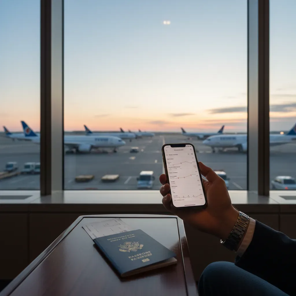 Business class pricing by route illustrated with airport terminal booking and aircraft gate view