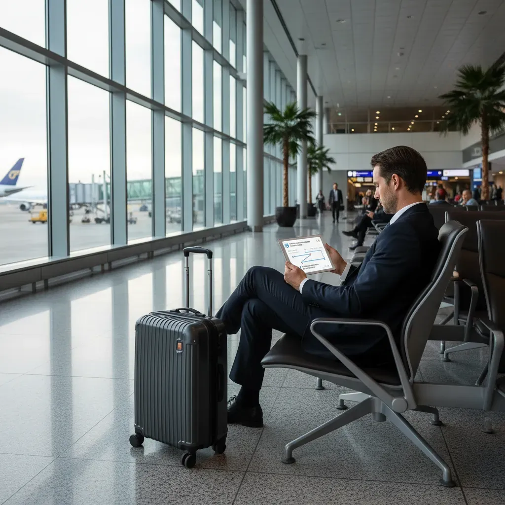 Business class flights to UK illustrated by a premium airport terminal connection scene for nonstop versus one-stop routing