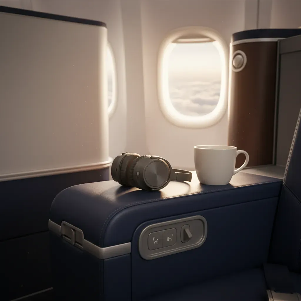 First class flight to vegas domestic premium seat detail with headphones coffee and window light