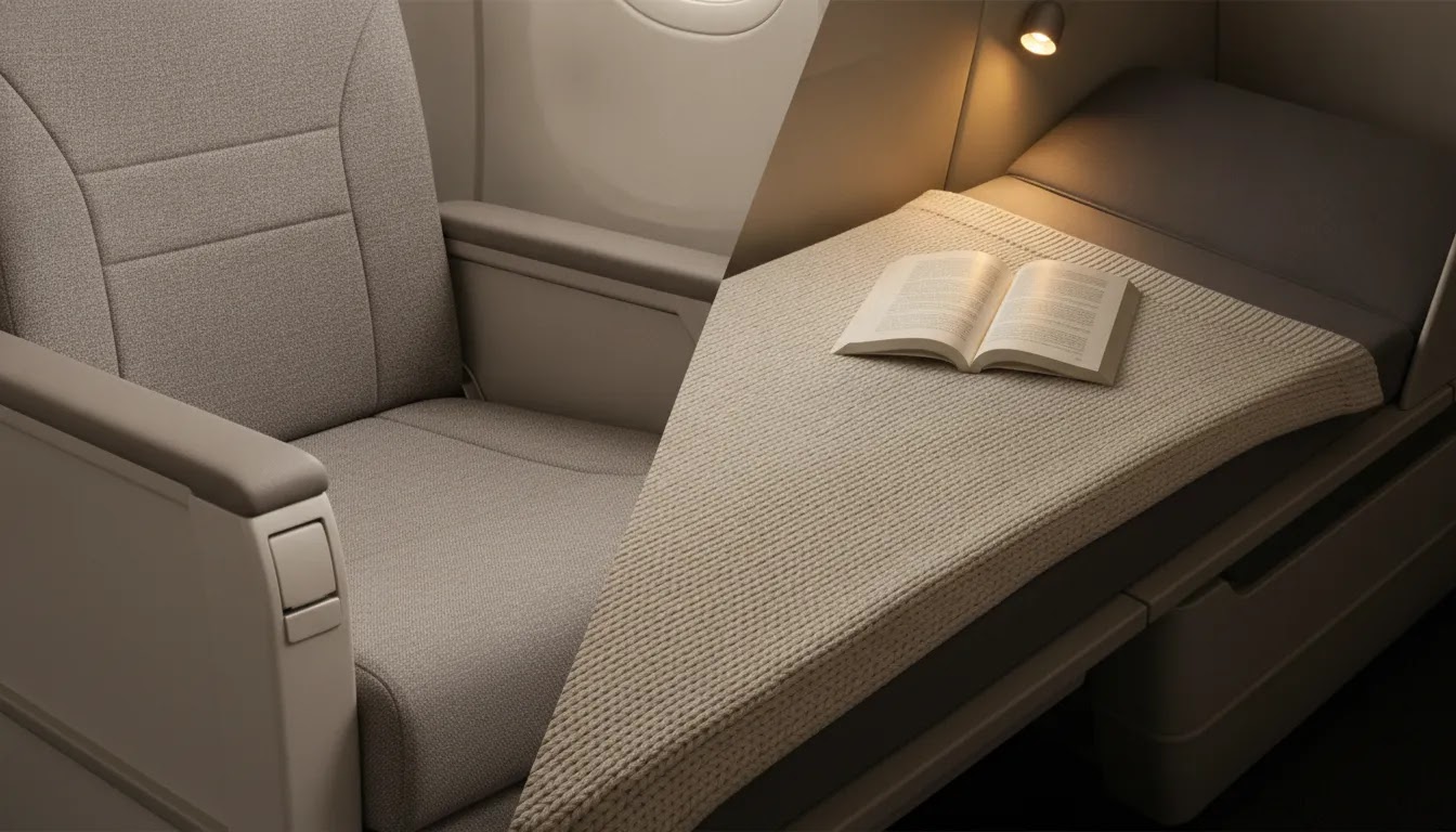 Comparison of business class seats showing recliner and angle-flat business class seat details
