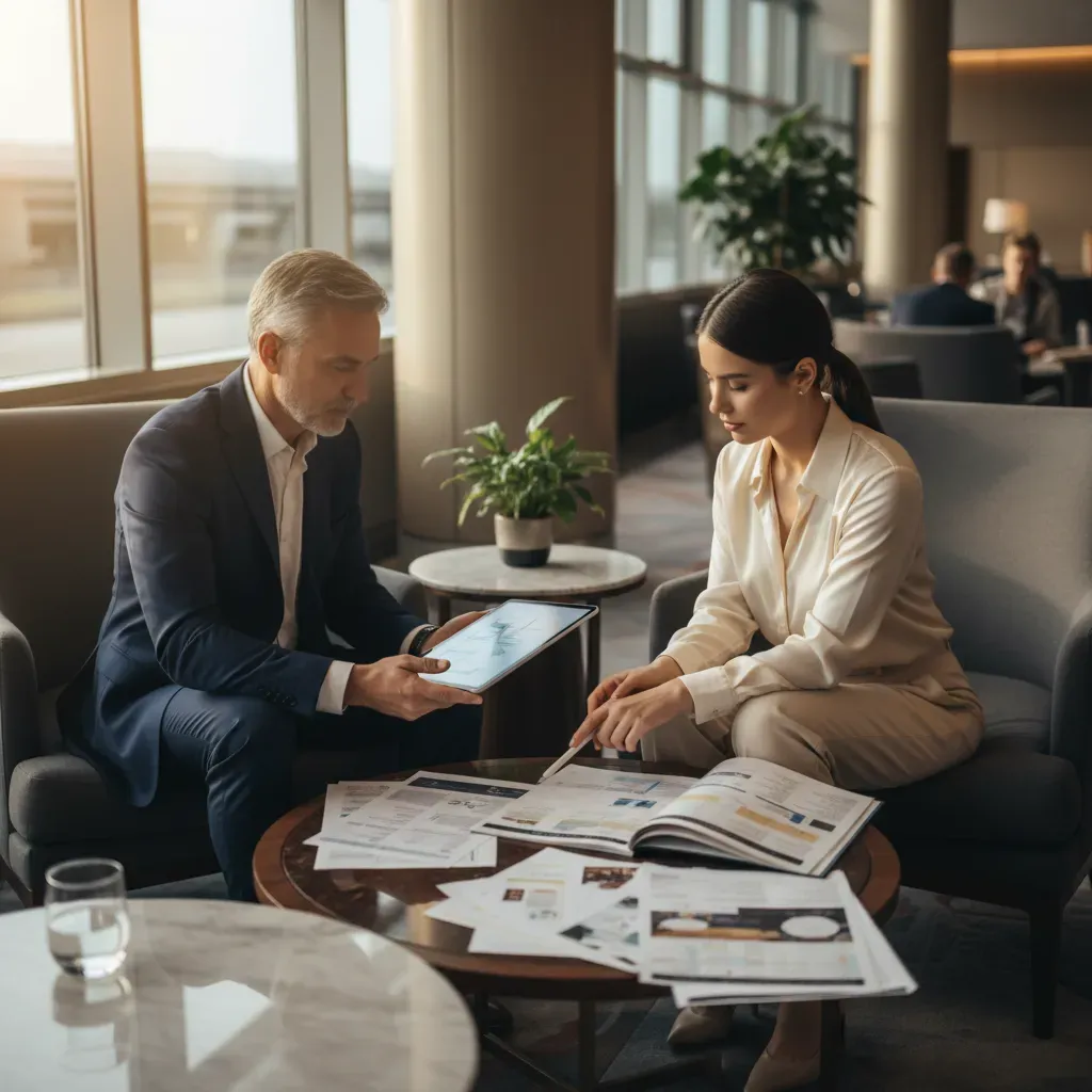 Best business class consolidator consultation scene in an airport lounge with expert itinerary review