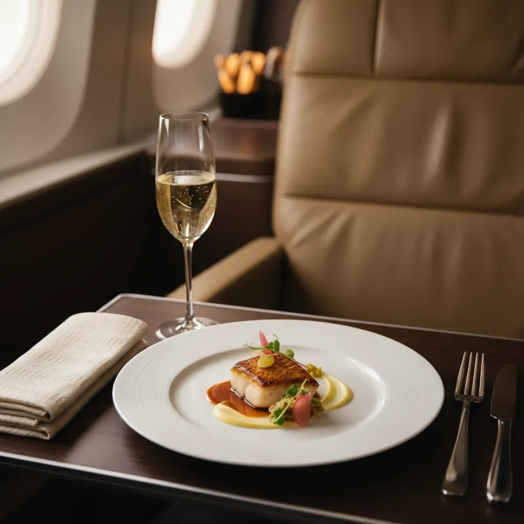First class to Japan dining service detail with premium meal and champagne on a tray table