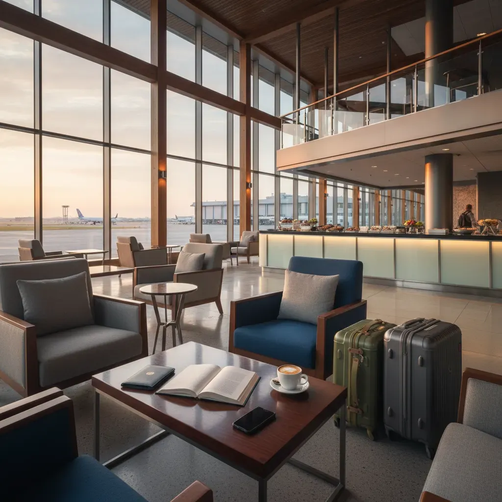 Business class fare inclusions shown through a premium airport lounge setting