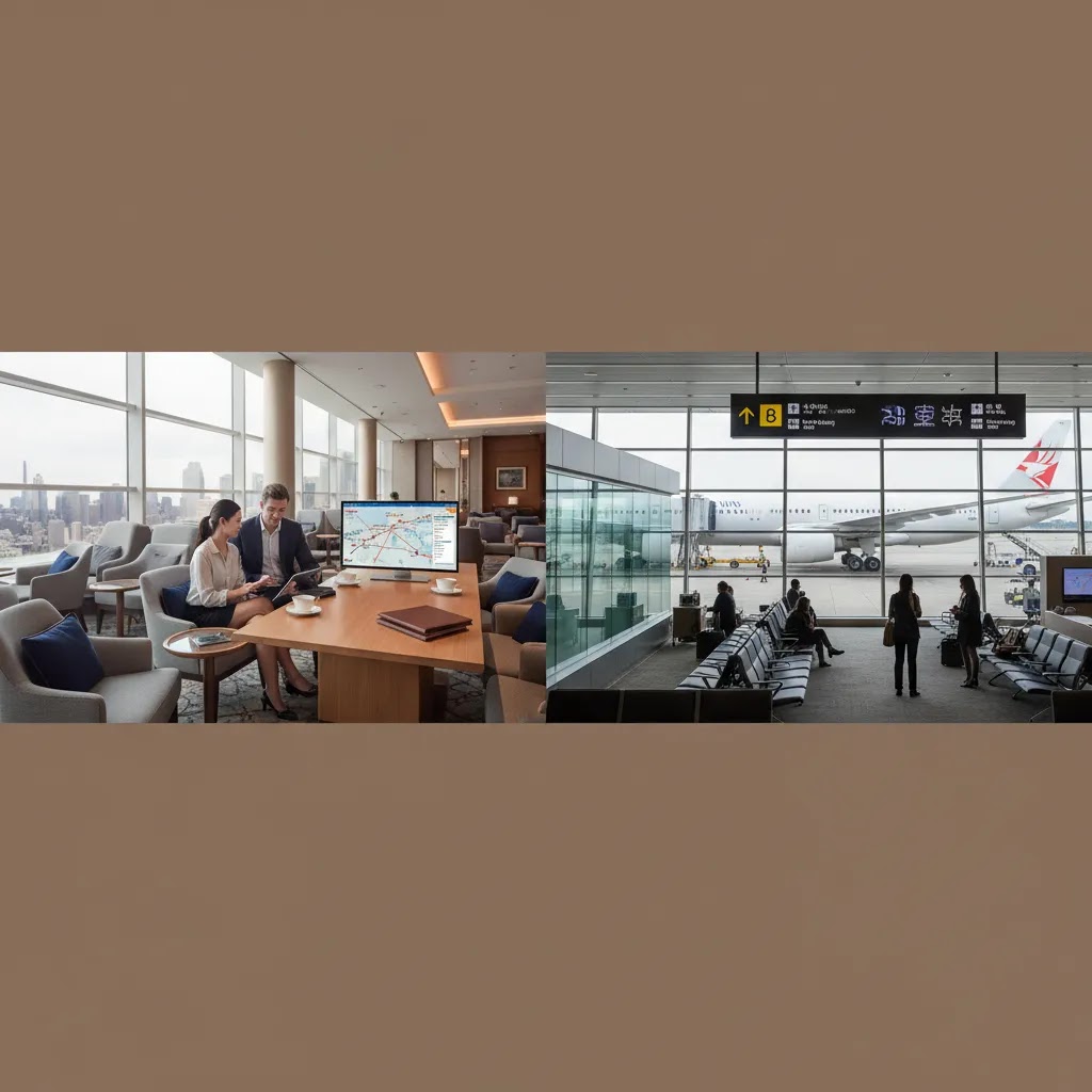 Business class flight to Hong Kong route planning with premium lounge and long-haul departure setting