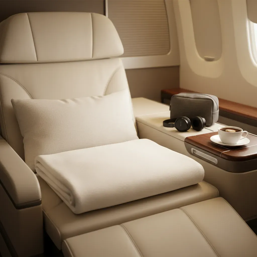 Close-up of premium seat amenities illustrating emirates business class cost and onboard value