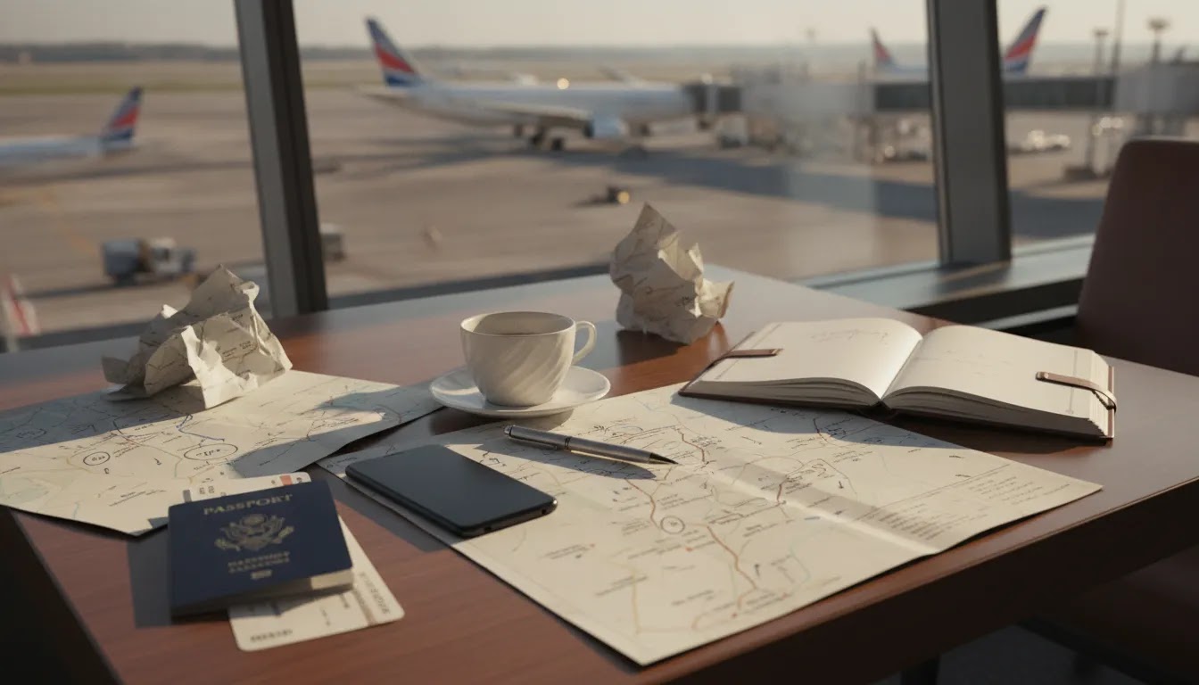 Round the world business class tickets planning scene in an airport lounge with travel documents and runway view