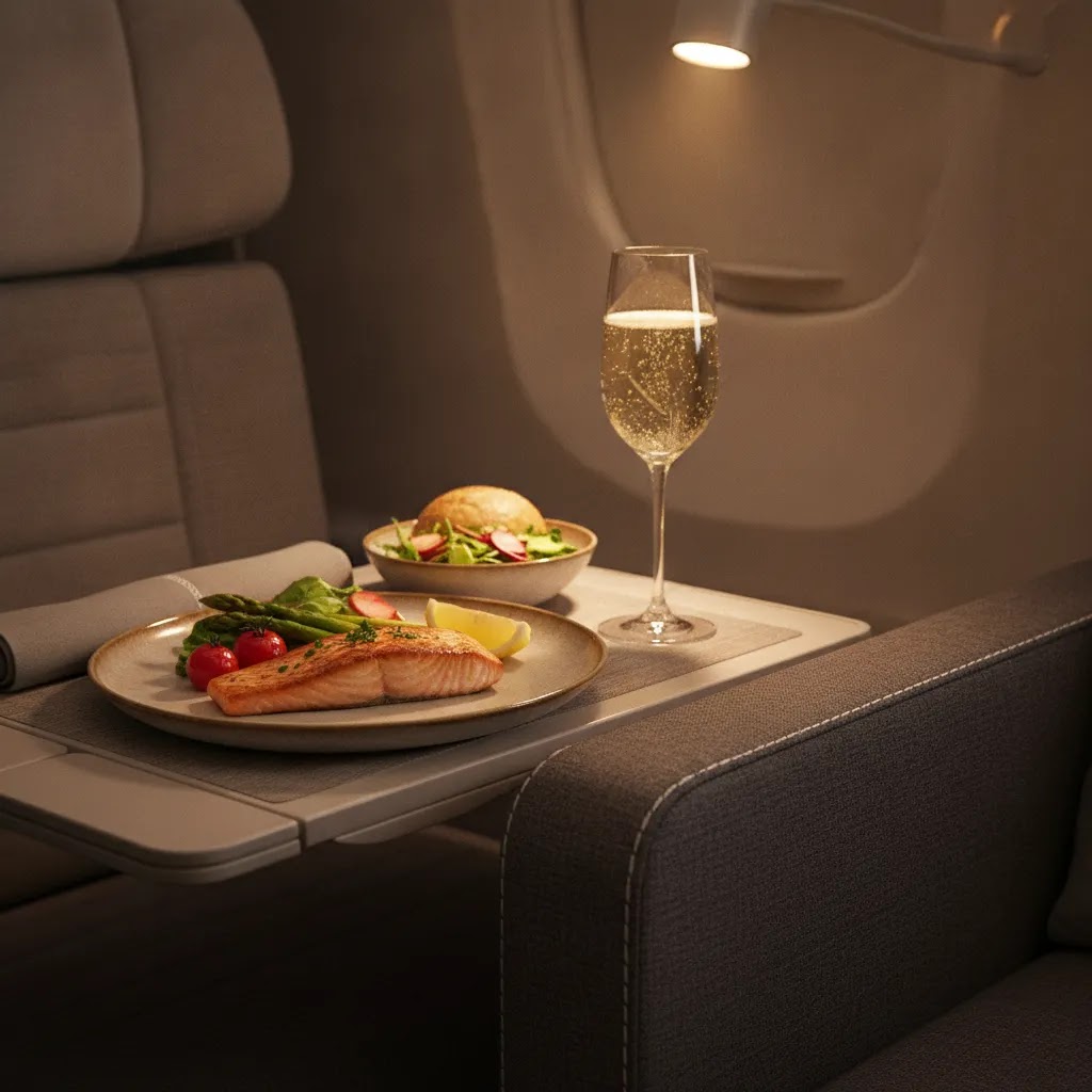 sas premium economy onboard review image with tray table meal and premium seat details