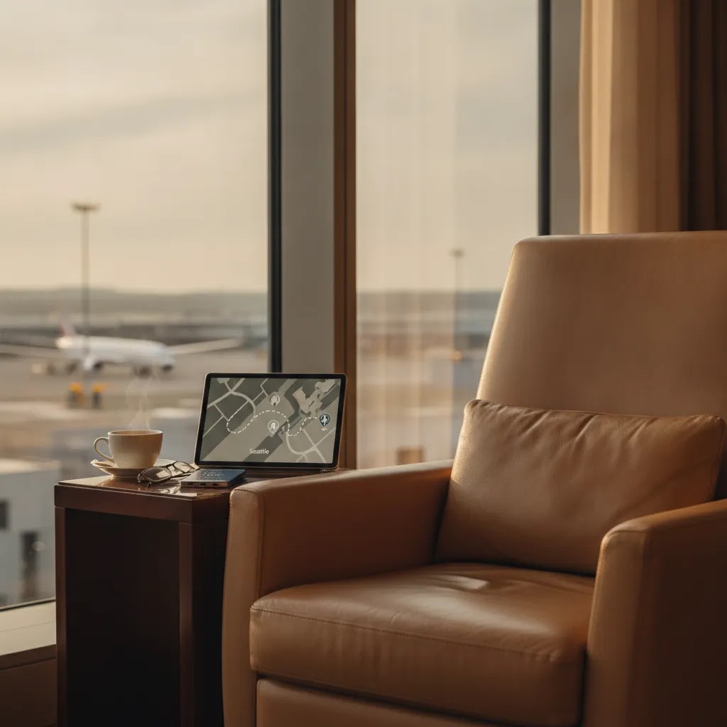 Airport lounge scene for comparing business class flights from Seattle to Asia and Europe