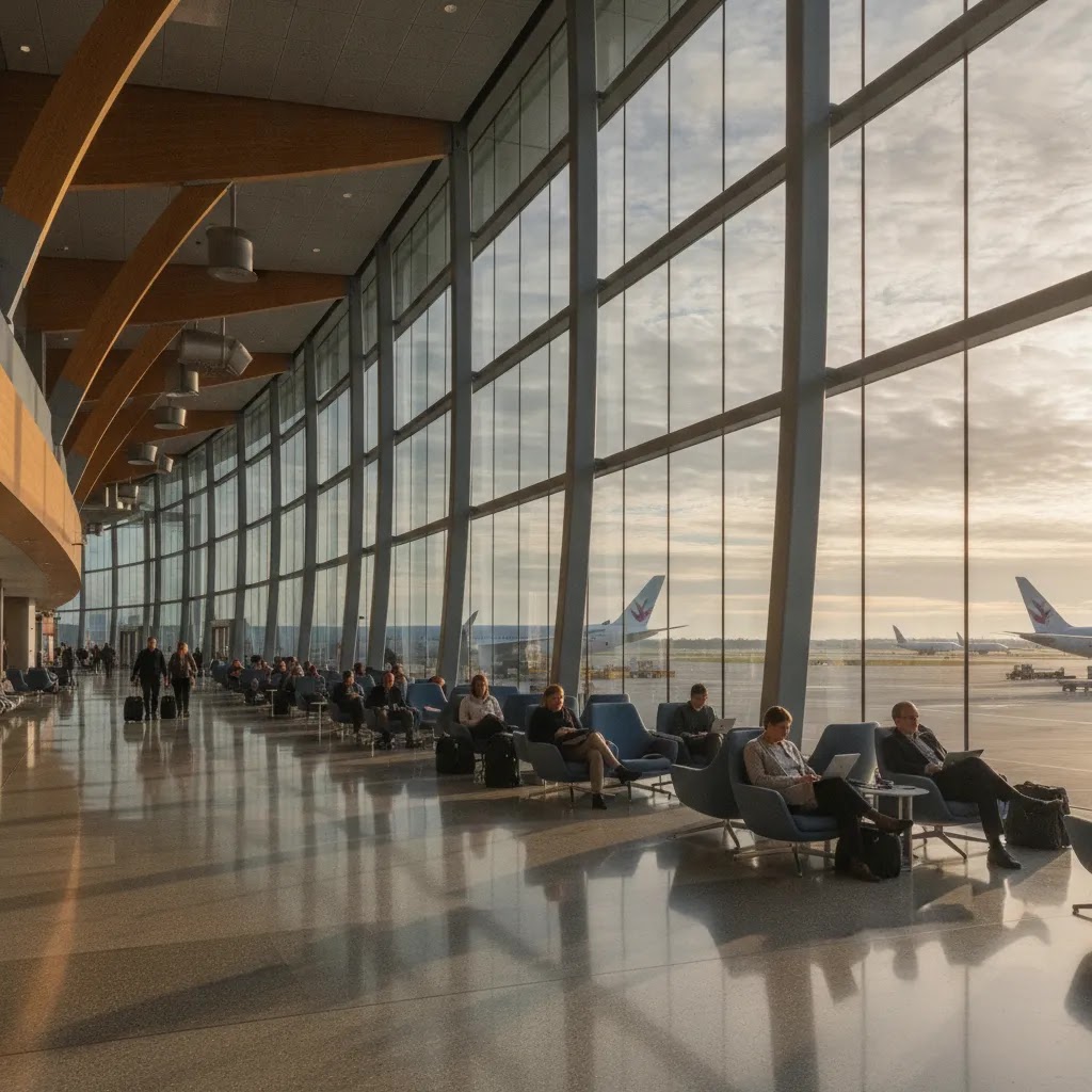 Seattle airport premium gateway scene for business class flights from Seattle