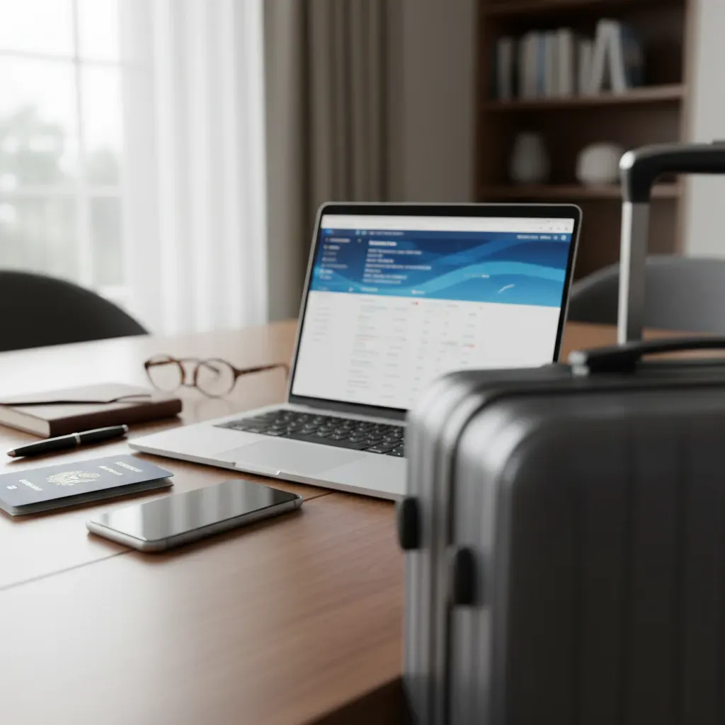 Affordable first class tickets planning scene with travel documents and concierge booking setup