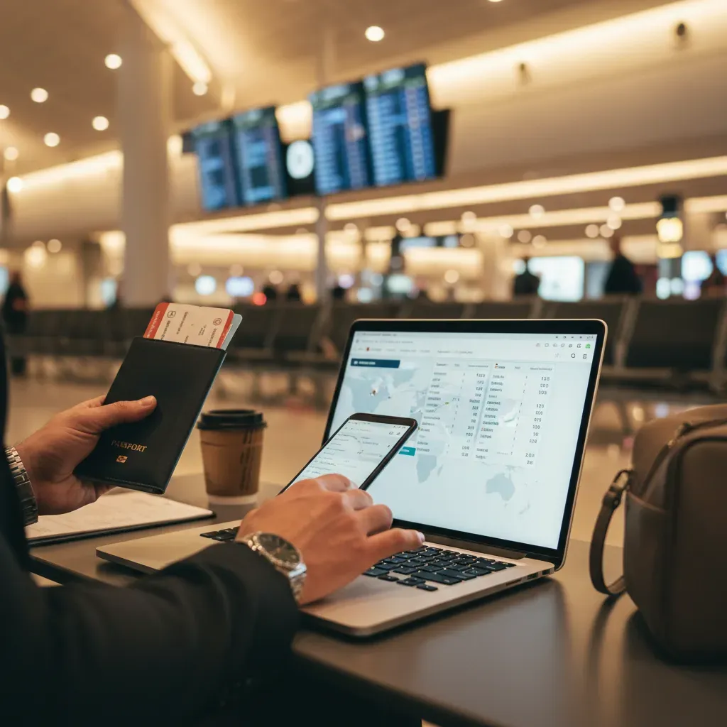 Current business class deals being tracked at an airport gate by a traveler using digital devices