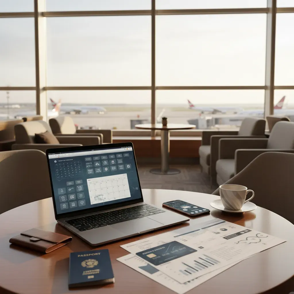 Discount business class tickets online planning scene in a premium airport lounge