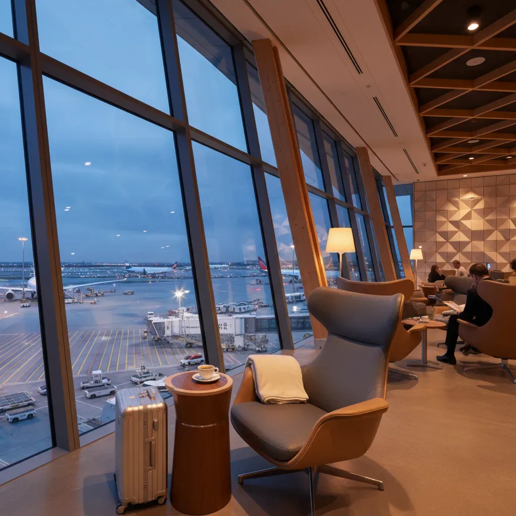 Business class tickets to India from USA shown through a premium airport lounge stopover setting