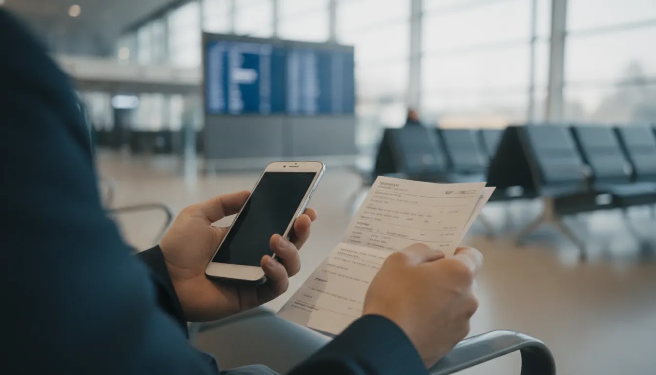 skylux travel ticket verification scene in an airport terminal for a travel review article