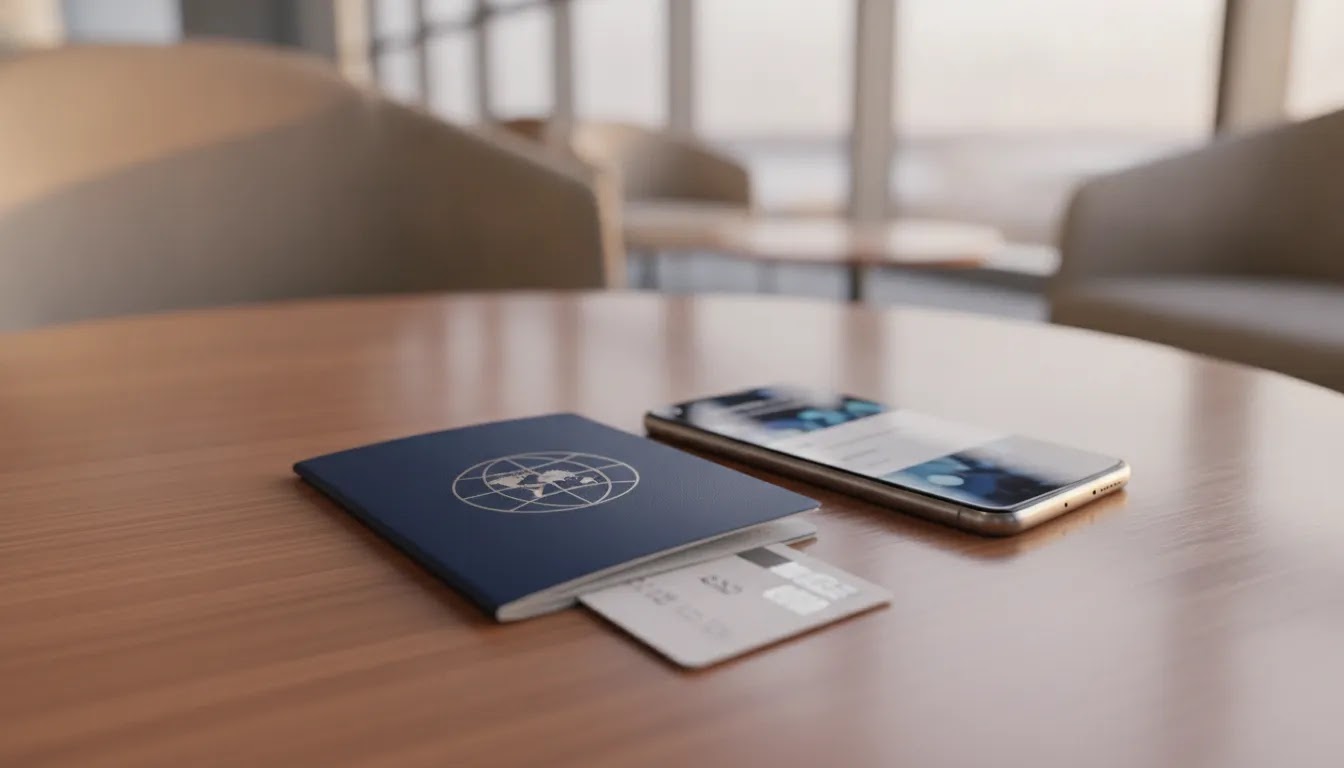 skylux travel ticket verification scene with premium travel documents and phone confirmation
