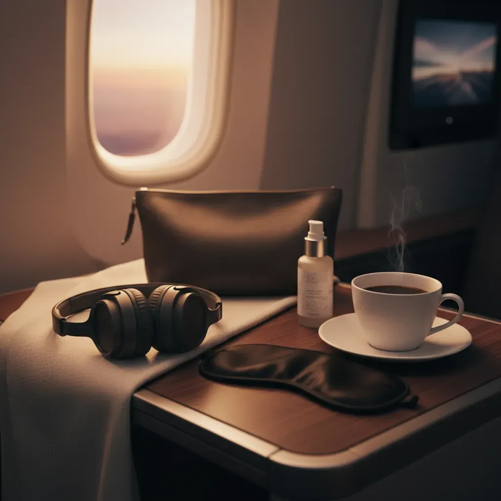 Business class international flight cost value shown through premium amenity kit and inflight comfort details