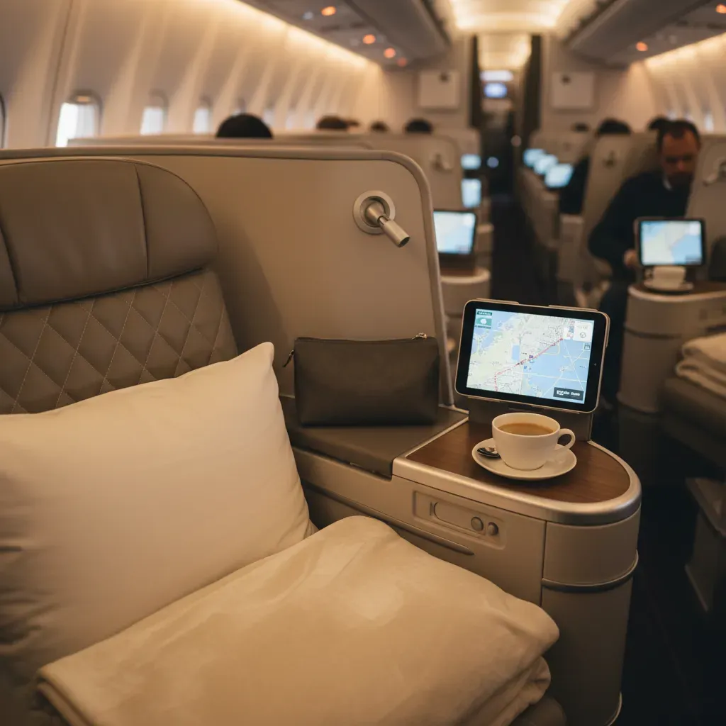 Discounted business class seat detail showing premium comfort and amenity setup