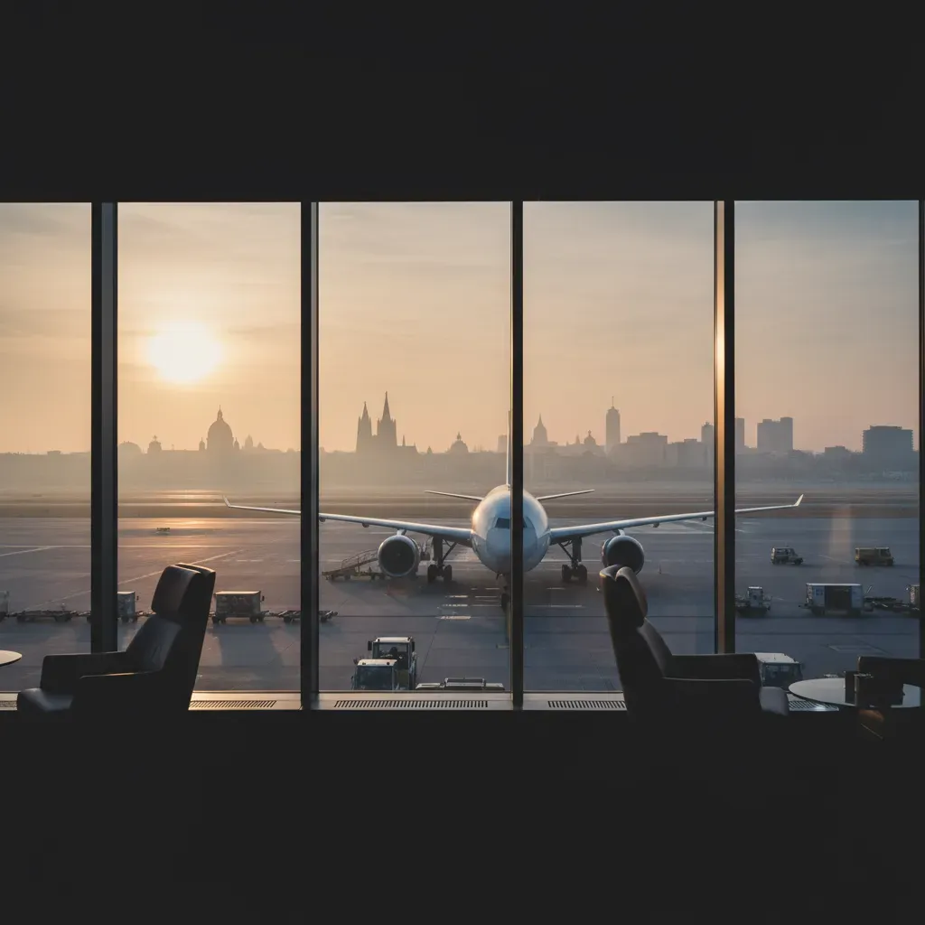 Affordable business class to Europe illustrated by a premium airport tarmac departure scene with European destination context