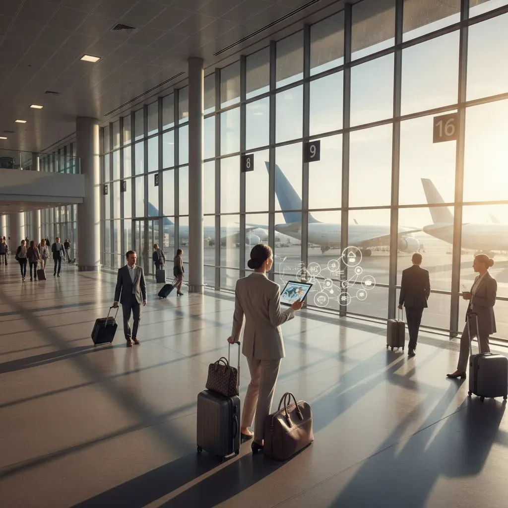 First class price by route concept shown in an international terminal with long-haul aircraft outside