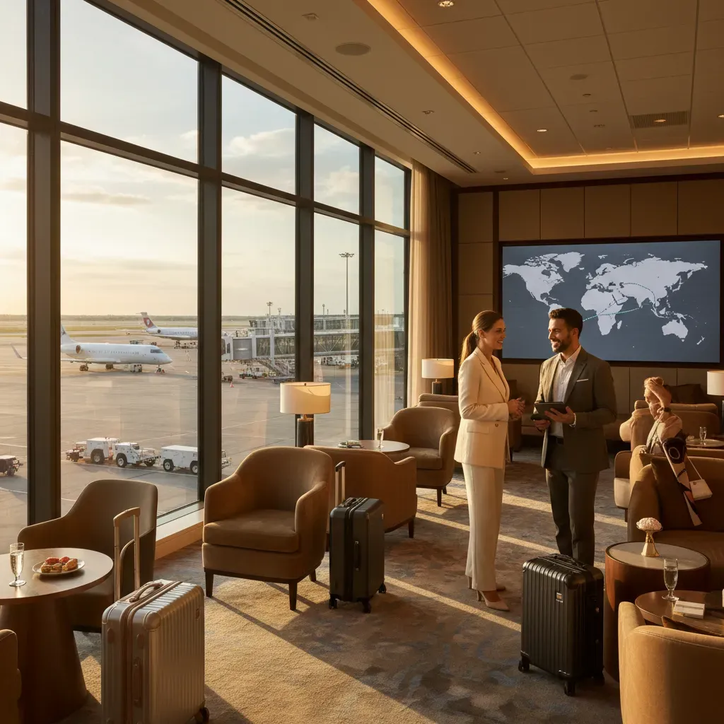 Business class to Bahamas airport lounge scene for premium route planning and smooth connections