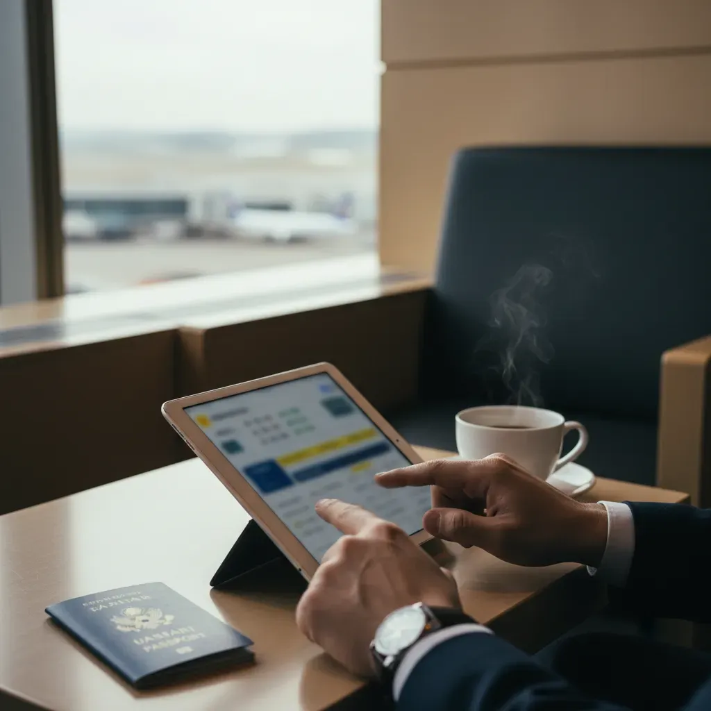 Traveler researching how much is a business class flight to Japan in an airport lounge