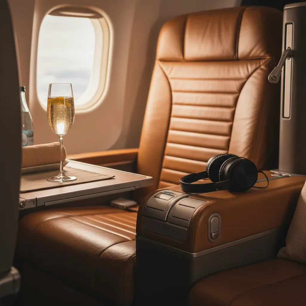 First class flight to Miami cabin detail with leather seat tray table and premium amenities