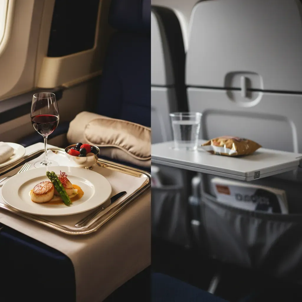 Cheap first class plane tickets comparison image showing premium onboard details versus standard cabin service
