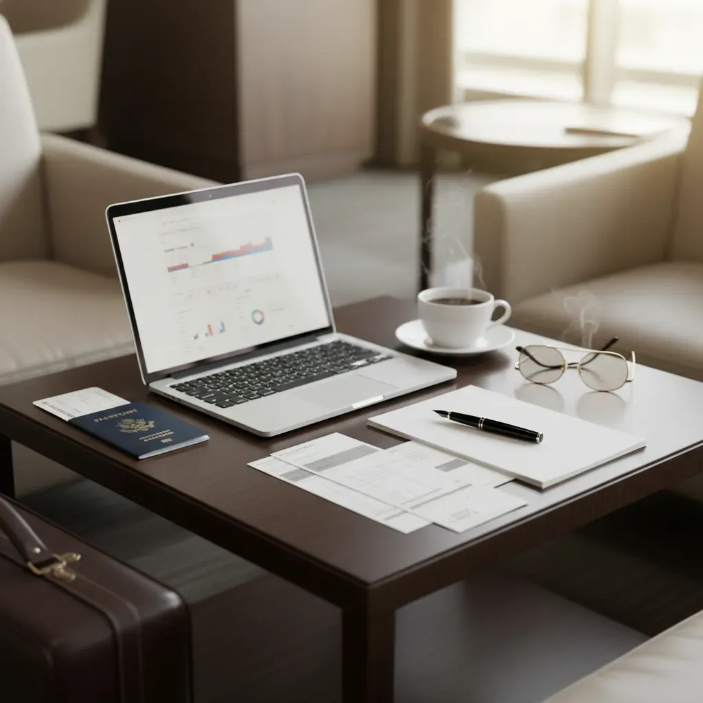 Business class special offers reviewed through a premium travel planning flat lay with documents and laptop
