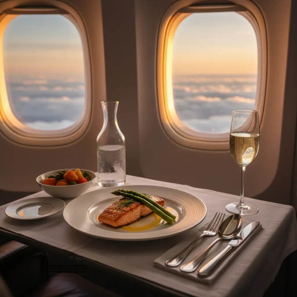 Business class ticket discounts shown through premium in-flight meal and window detail