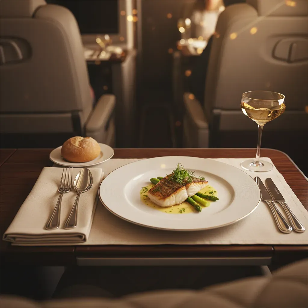 Best first class experience dining detail with elegant meal service in a premium suite