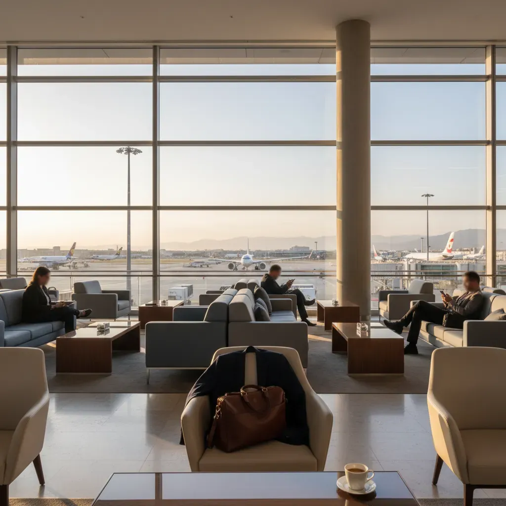 Premium airport lounge scene for comparing business class flights to Zurich and Geneva