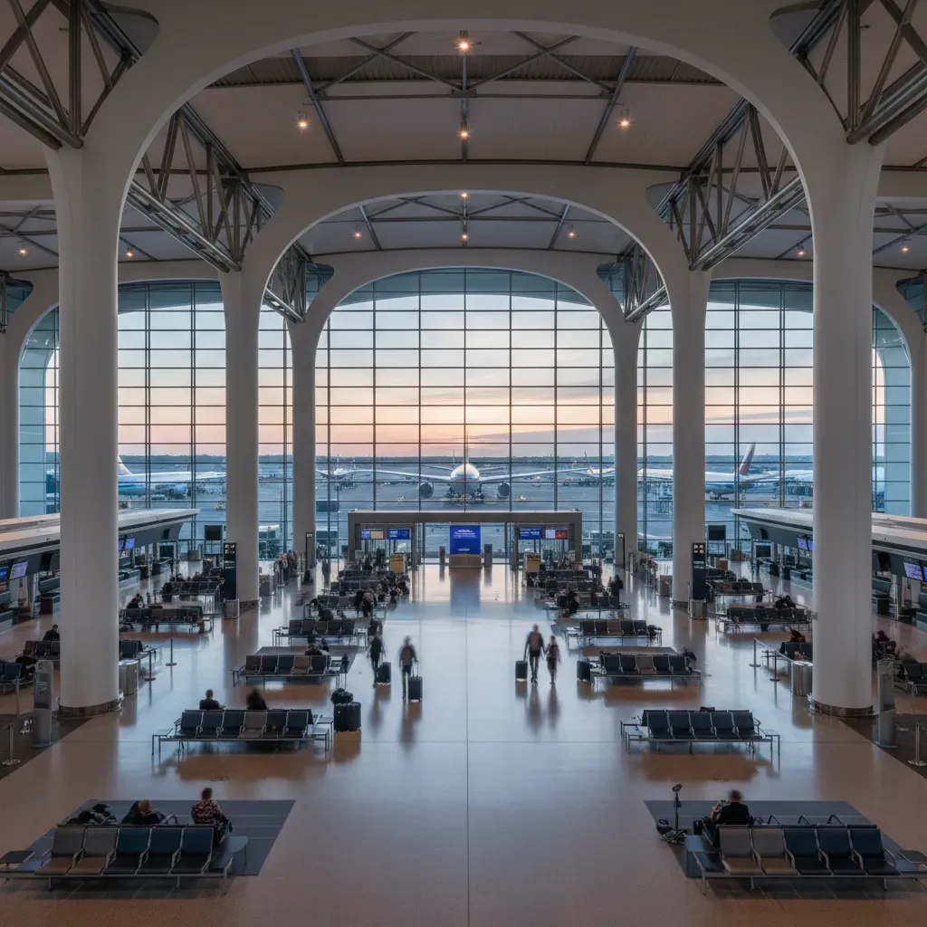 Budget business class Europe routes illustrated with a premium US airport gateway departure hall