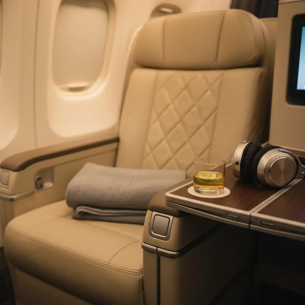 Business class flights to Bahamas premium seat detail with blanket headphones and tray service