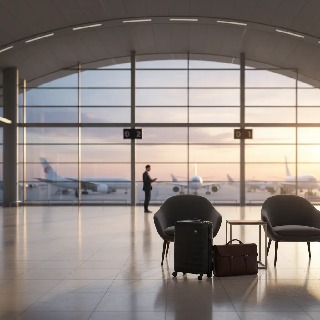 Airport terminal scene for business class flights to Amsterdam and route plannin