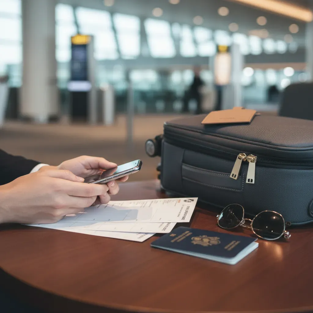 First class flights to Miami booking planning with passport phone and carry on